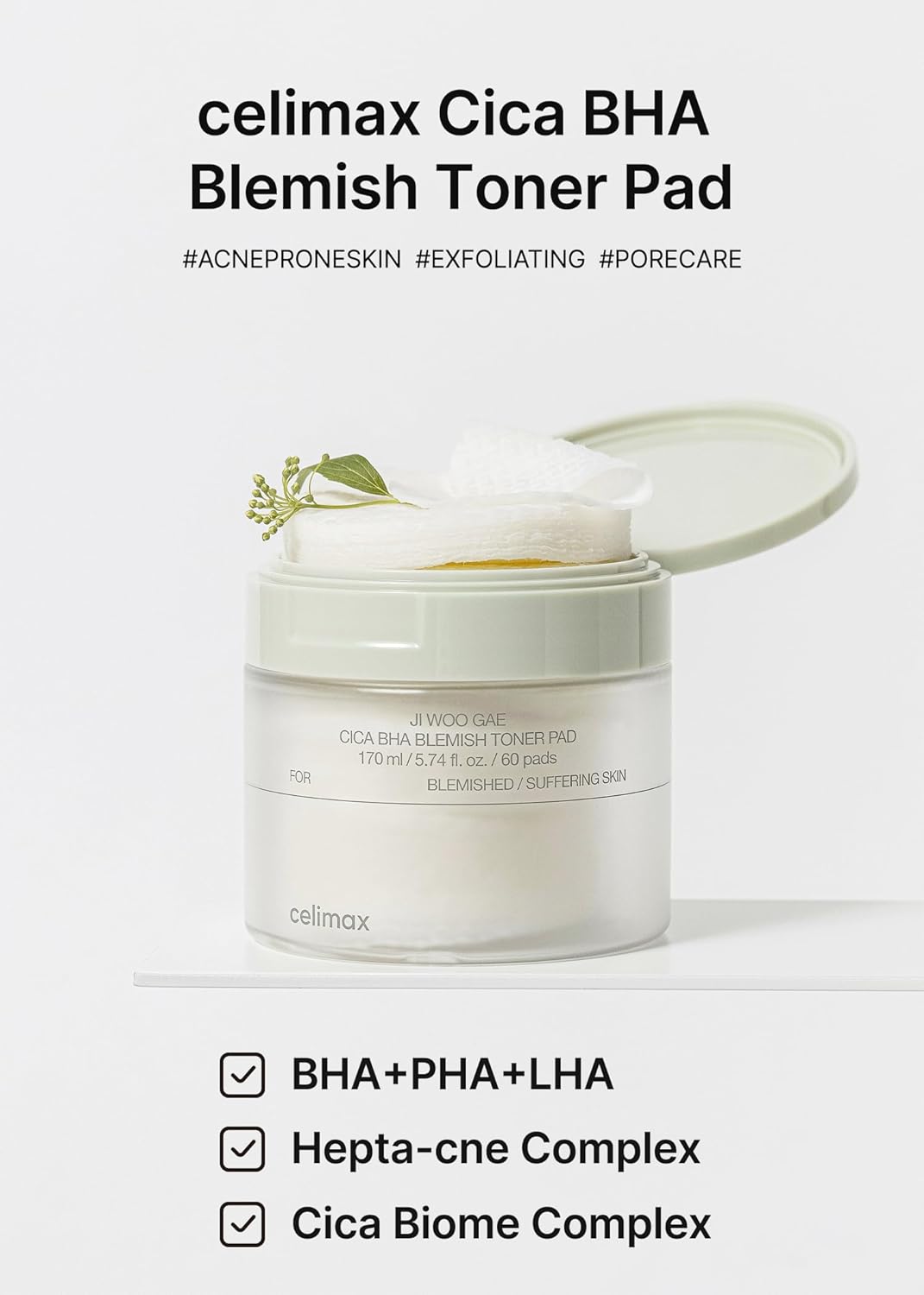 JI WOO GAE Cica BHA Blemish Toner Pad